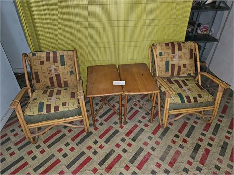 (2) Vintage Rattan Chairs & Table