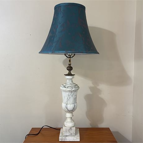 White Gray Solid Marble Table Lamp with Deep Turquoise Shade - 31"H
