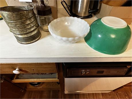 Vintage Pyrex, Milk Glass bowl and Flour Sifter