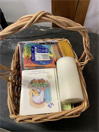 Wicker Storage Basket With Prayer Cards Readers Digest Magazines & White Candle