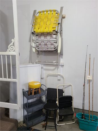 Corner Cleanout : Metal Flower Cart/Small Seating Stool/Yellow Foot Stool/Chairs