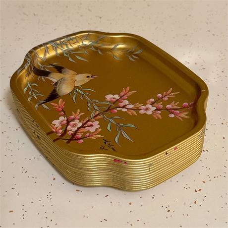 Set of 14 Elite England Tin Metal Hand Painted Bird Motif Trays - 7.5"