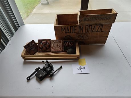 Mixed Vintage Lot: Clay Tiles/Brasil Wood Box/Metal Vise & More