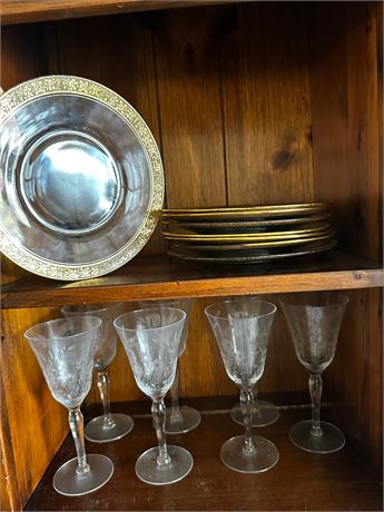 Gold Trimmed Glass Plates and Floral Etched Glass stemware