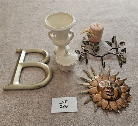 Mixed Decor – Brass Sun, Lenox Candy Dish, Ceramic Vase, and More