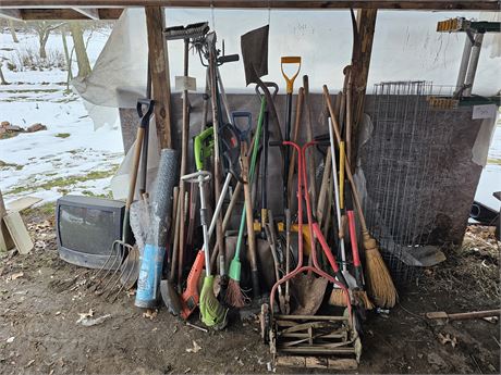 Large Lot of Yard Tools:Picks/Rakes/Shovels/Push Mower & Much More