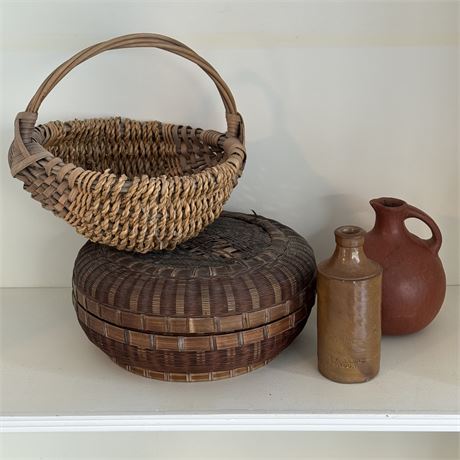 Assorted Lot - Primitive Hand Woven Baskets, Redware Pitcher, Antique Ink Bottle