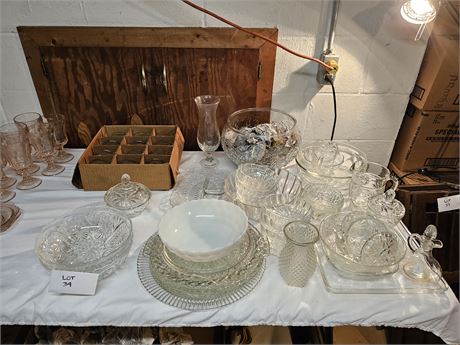 Mixed Clear Pressed Glass:Punch Bowl & Cups/Serving Bowls/Platters & More