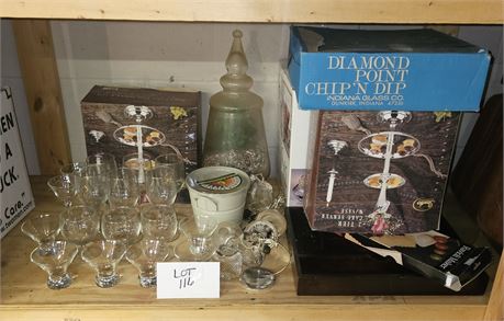 Mixed Misc Lot- 3 Tier Cake Server, Wine Glasses, Chip-n-Dip Set & More