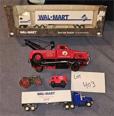 Mixed Toys: Walmart Tractor Trailer's, Tow Truck, Ertl Case Tractor & More