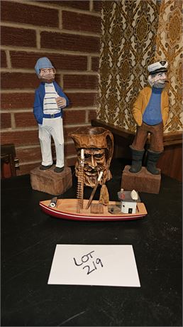 Carved Wood Fisherman Statues, Carved Wood Boat & More