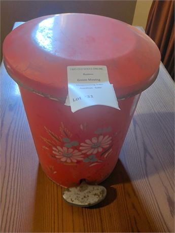 Vintage Red Metal Pedal Trashcan With Hinged Lid & Floral Decor