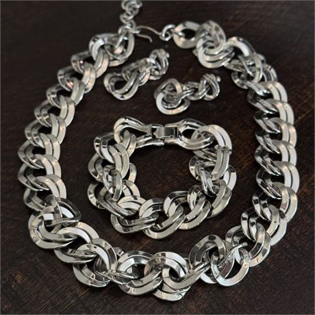 Signed Monet Chunky Silver-Tone Jewelry Set - Necklace, Bracelet & Earrings