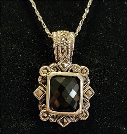 Sterling Silver~Carol Brodic Faceted Onyx Marcasite Pendant Necklace