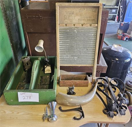 Mixed Misc Vintage Lot- Washboard, Gooseneck Lamp, Hardware & More
