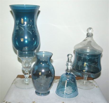 Blue Etched Glass Bell, Vases, Dish