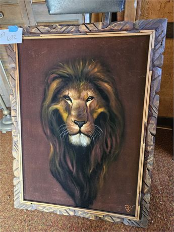 Signed Black Velvet Lion Painting