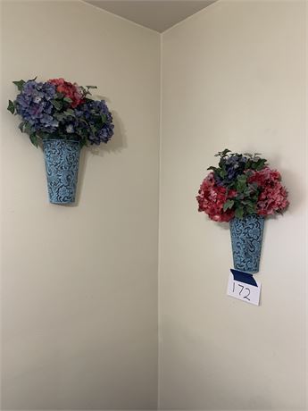 Pair of Wall Pocket Vases With Pink/Purple Hydrangea Floral Arrangements