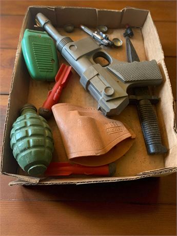 Vintage Misc Small Toy Lot - Toy Gun, Holster, Grenades & More