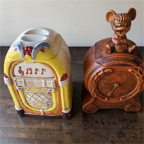 Wurlitzer Ceramic Jukebox & McCoy Pottery Time for Cookies Mouse Cookie Jars
