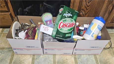 3 Boxes Full Of Mixed Kitchen & More- Flatware, Cleaners, & More