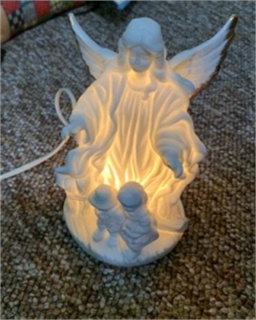 Ceramic White Guardian & Children Night Light (Works) Wood Cross "Faith"