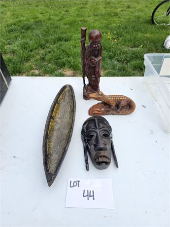 Mixed Carved Wood African Bust, Carved Alligator, Canoe & More