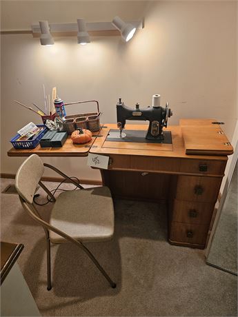 Vintage White Rotary Sewing Machine with Sewing Table & Accessories