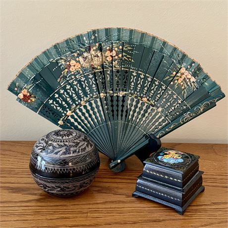 Vintage Lacquered Trinket Holder Boxes & Hand Painted Oriental Fan
