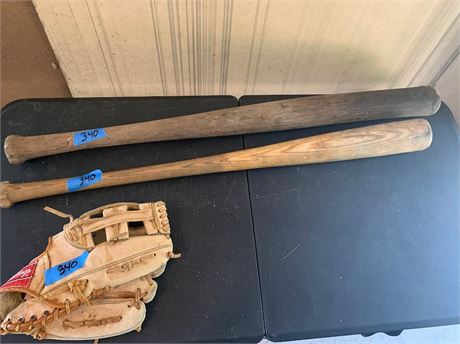 Vintage Wood Baseball Bats and Rawlings Baseball Glove/Mitt