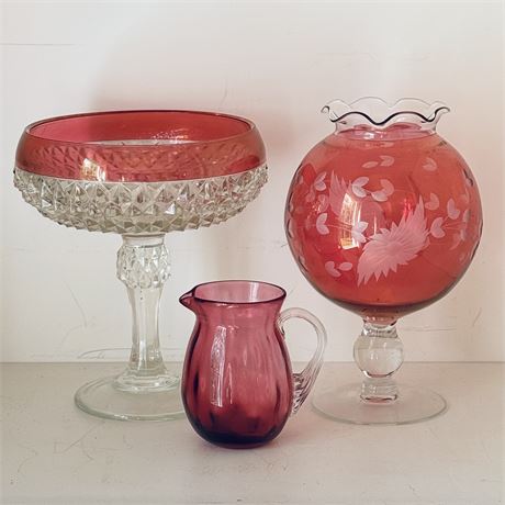 Cranberry Flash Glass and Small Cranberry Glass Pitcher