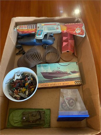 Die Cast Metal Cars, Mini Figures,Slinky, Space Gun, Revell WWII P.T. Boat Model