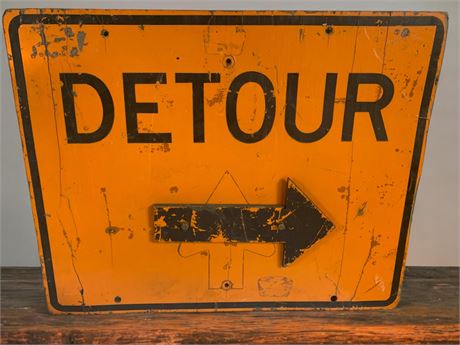 Wood "Detour" Road Construction Sign With Arrow In Orange and Black (Vintage)