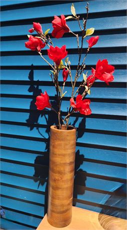 Large Wooden Vase w/Red Flowers