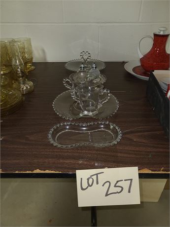 Candlewick Glass Lot: Handled Server/Heart Platter/Creamer/Sugar/Pickle Tray/S&P