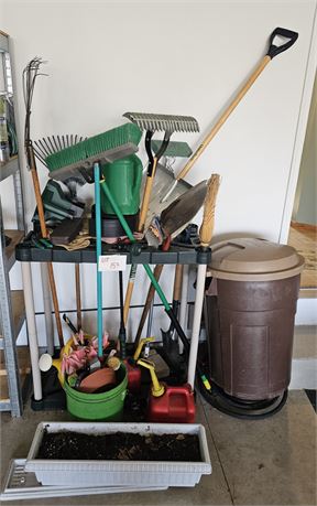 Mixed Yard Garden Lot- Yard Tool Rack, Rakes, Shovels, Gas Cans, Tools & More