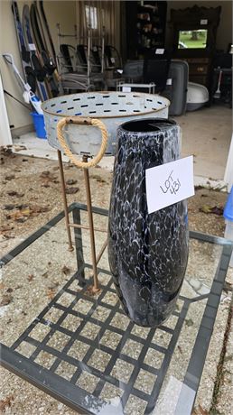 Galvanized Round Plant Stand & Heavy Glass Floral Vase