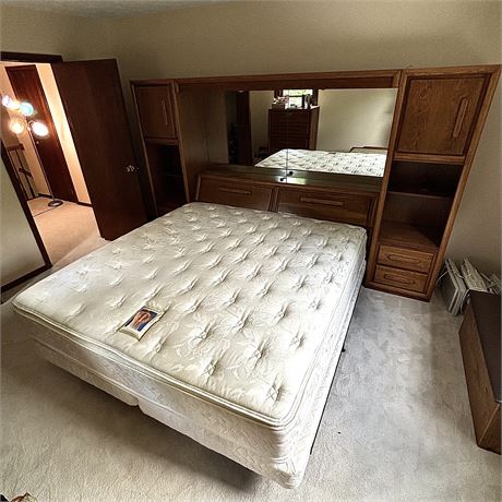 Bassett Furniture King Bed w/ Headboard, Mirror & Storage Bookcases