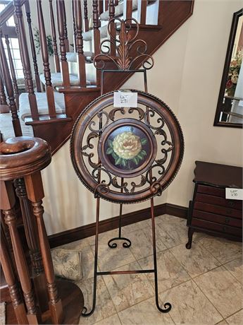 Vintage Style Metal Wall Medallion On Wrought Iron Floor Easel