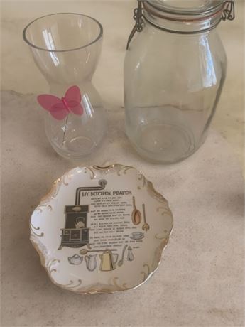 Vintage "Kitchen Prayer" Collectible Plate, Butterfly Vase & Glass Jar