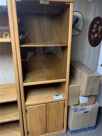 Solid Oak Wood Danish Modern Bookcase With Glass Door