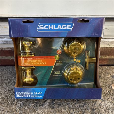 New Schlage Security Set - Door Locks Keyed Entry w/ Deadbolts, Brass Finish