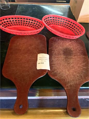 Wooden Bread Serving Paddle Boards & Red Plastic Serving Baskets