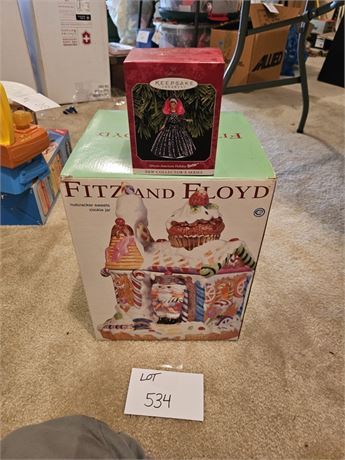 Fritz & Floyd Nutcracker Cookie Jar / Hallmark Barbie Ornament