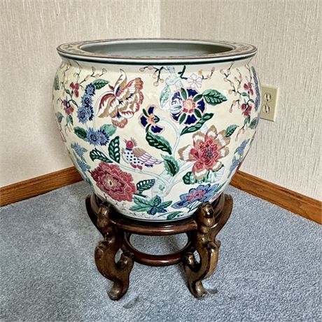 Chinese Porcelain Enamel Koi Fish Bowl Planter on Wood Stand (LARGE)