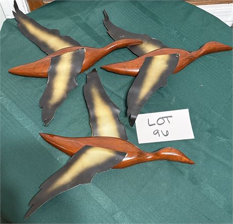 Mid Century Modern Wood And Metal Wall Art Decor Three Ducks In Flight