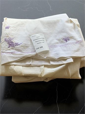 Vintage Handmade White Pillowcase Lot - Crocheted Lace Trim In Purple, Green