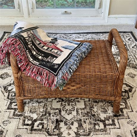 Vintage Wicker Handled Footstool Ottoman and Lighthouse Throw Blanket