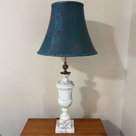 White Gray Solid Marble Table Lamp with Deep Turquoise Shade - 31"H