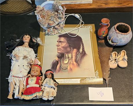 Native American Theme Dolls Paradise Galleries, Baby Moccasins, Lamp & More